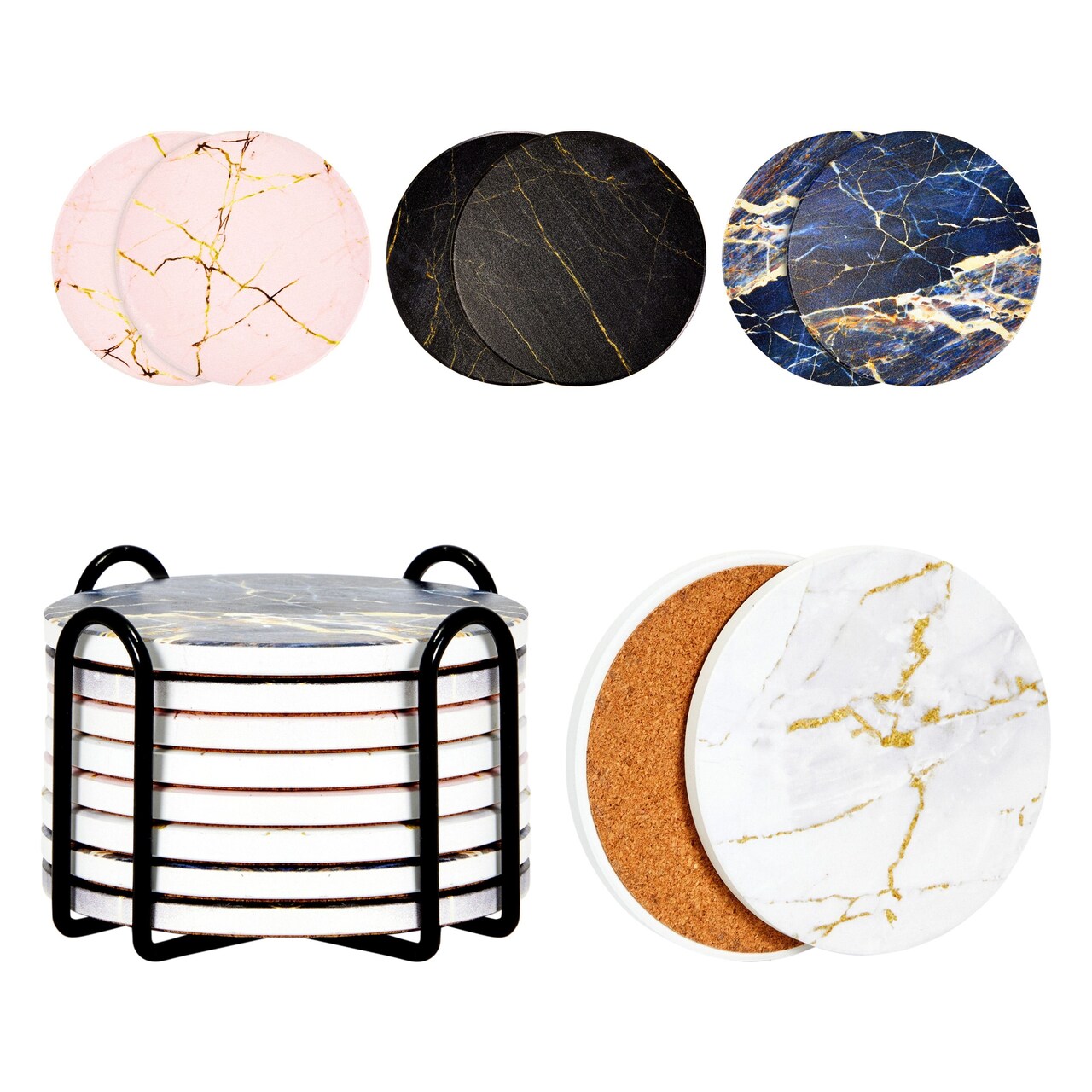 Set of 8 Ceramic Gold Marble Table Coasters for Drinks with Holder and Cork Base, 4 Colors (4 Inches)